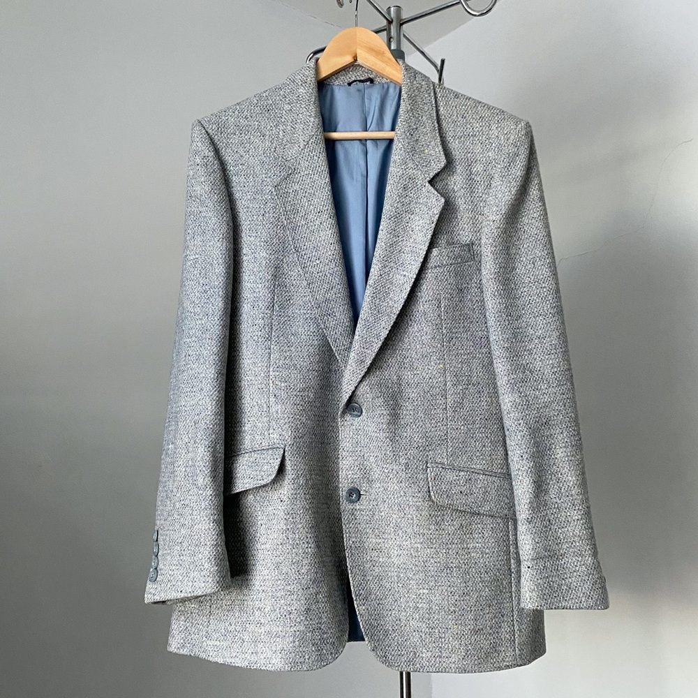 Vintage blue gray & white structured double vent Nino Cerruti wool tweed blazer
